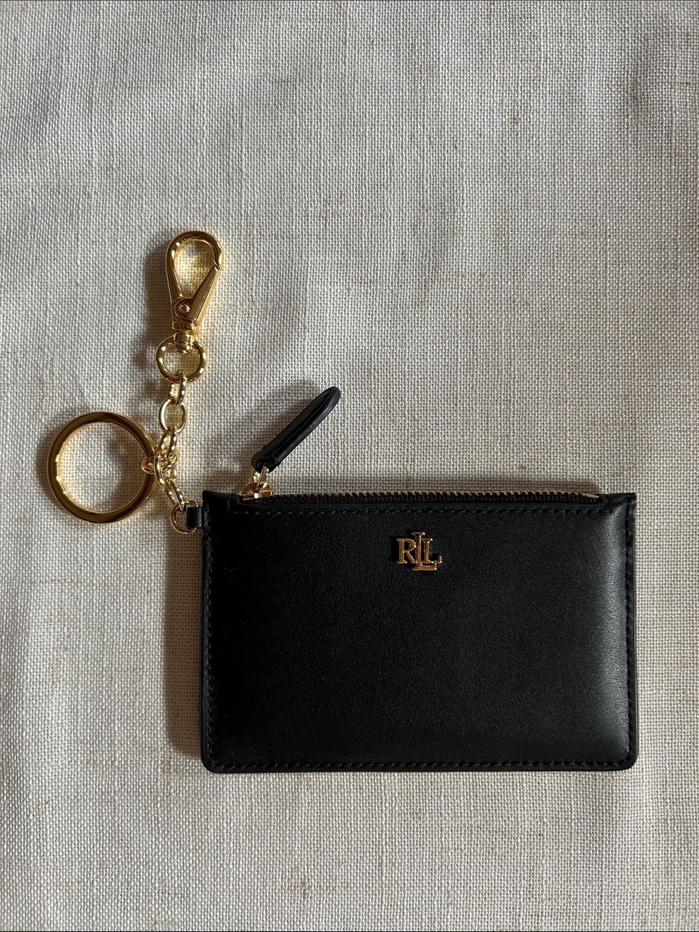 Ralph Lauren Black Leather Zip Card Case with Gold Keychain